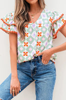 Floral Print V-neck Flutter Sleeve Blouse