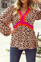 Leopard Print V-Neck Blouse with Contrast Trim