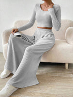 Ribbed Knit Crop Top and Wide Leg Pants Set