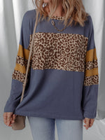 Leopard Color Block Long Sleeve Drop Shoulder Top