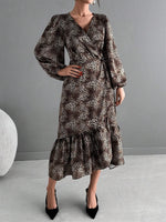 Leopard Print Long Sleeve Dress with Ruffle Hem