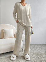 Ribbed Knit V-Neck Top and Pants Lounge Set