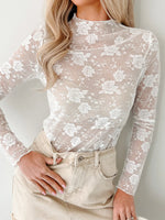 Sheer Floral Lace Mesh Mock Neck Long Sleeve Top